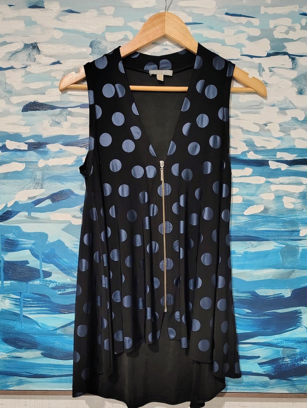 Shiny Polka Dot Zip-Front  Black Sleeveless Tunic Top XS by Evelyn & Arthur